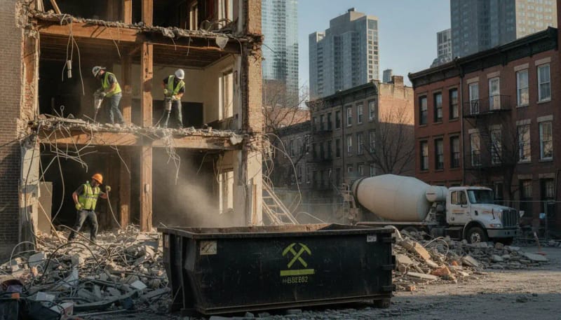 A demolition site with a partially removed structure and cleared ground.