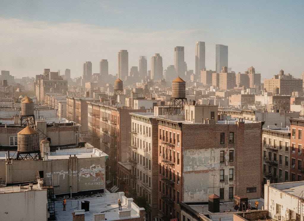 A wide view across a New York district of brick buildings and rooftop water towers.