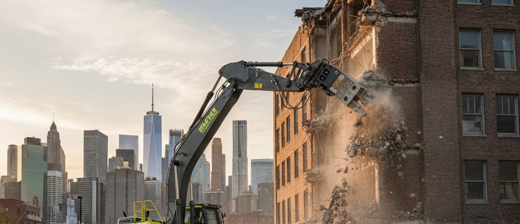 An excavator with a hydraulic breaker opening a brick building, Manhattan behind.