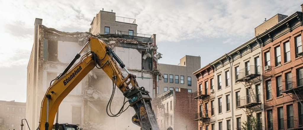 A prepared demolition site with protection and access set up before work begins.