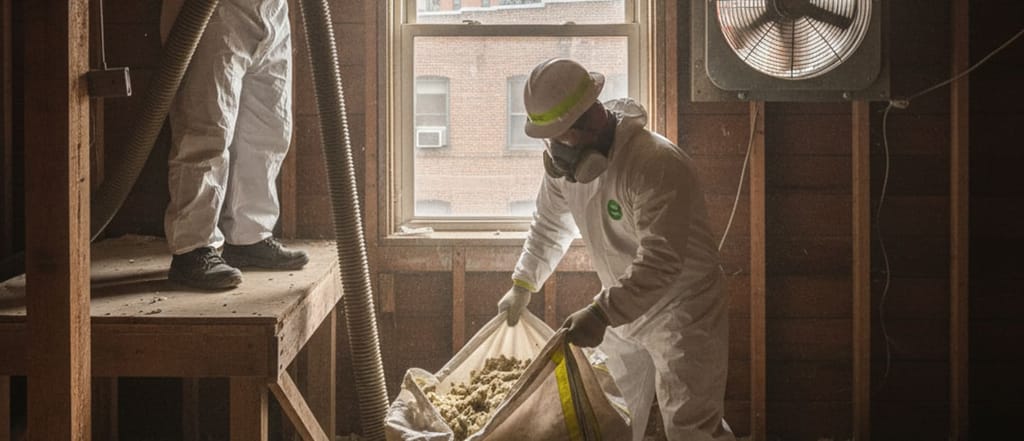 Old batt, loose-fill and board insulation extracted and bagged.