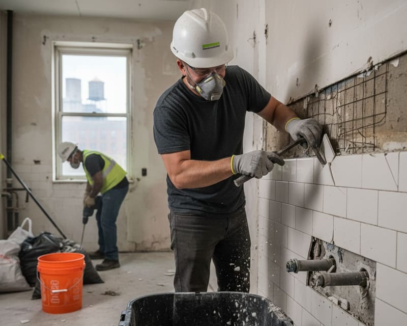 Bathroom demolition under way on a New York job.