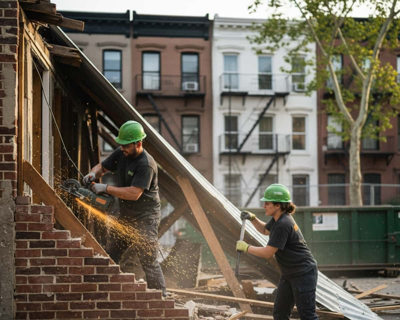 Garage and outbuilding demolition under way on a New York job.