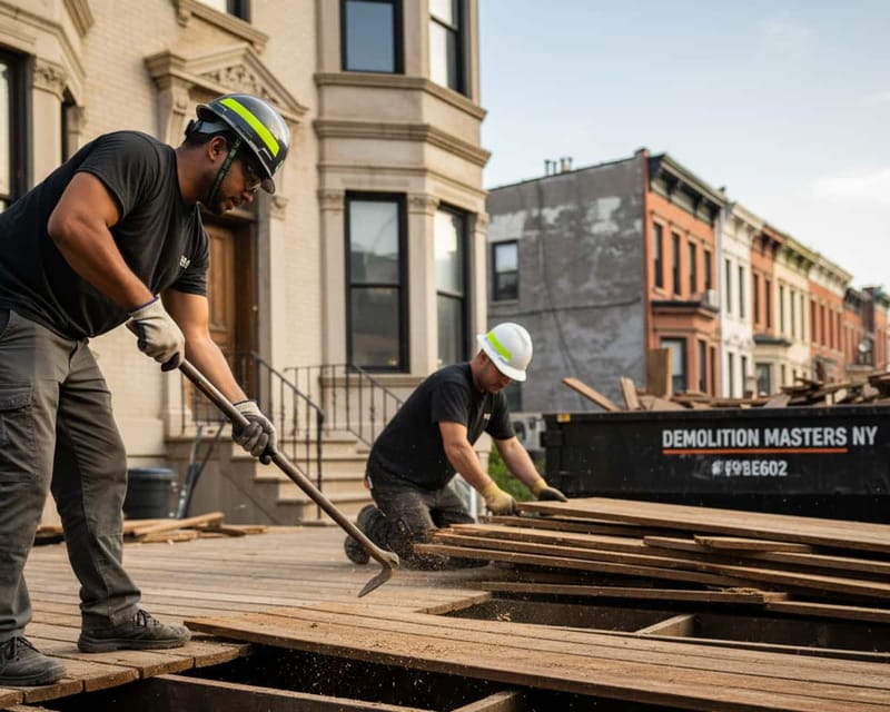 Residential exterior demolition under way on a New York job.
